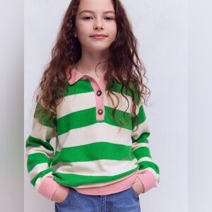 NWT Mini Boden Knitted Rugby Sweater in Pea Green/Ecru Marl